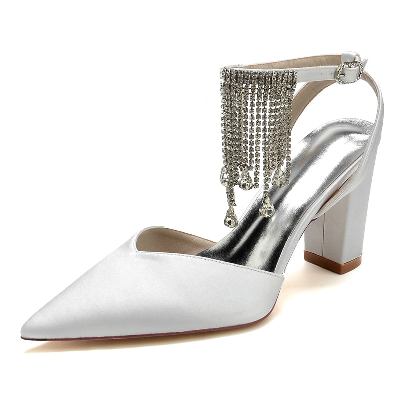 Women's Wedding Shoes Closed Toe Block Heel Buckle Bridal Shoes with Crystal & Tassels - 이미지 2