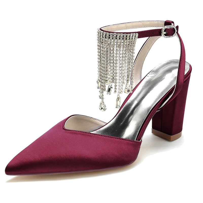 Women's Wedding Shoes Closed Toe Block Heel Buckle Bridal Shoes with Crystal & Tassels - 이미지 10