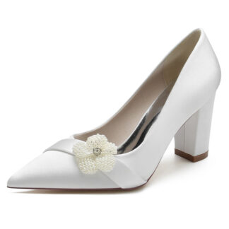 Women's Wedding Shoes White Closed Toe Block Heel Bridal Shoes with Pearl Flower