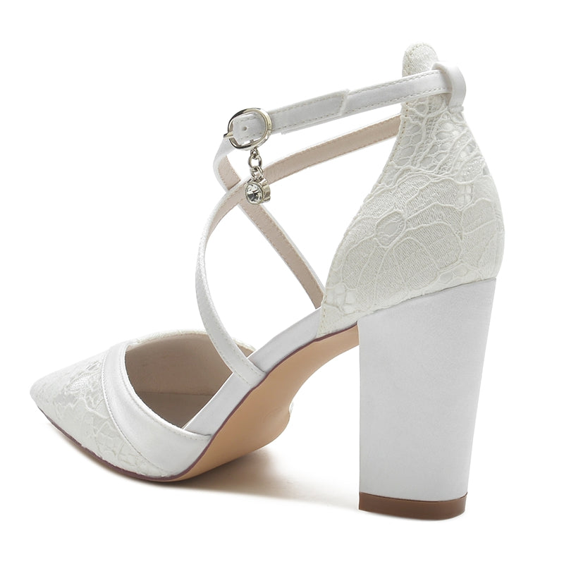 Women's Wedding Shoes White Pointed Toe Block Heel Crossed Straps Lace Buckle Bridal Shoes - 画像 (4)