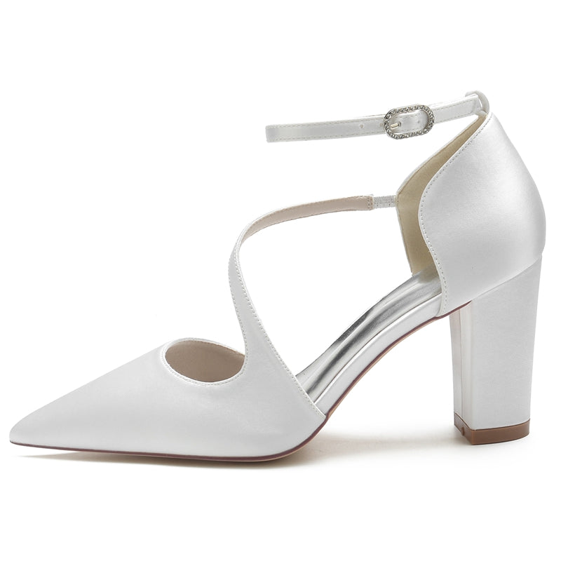 Women's Wedding Shoes Black Closed Toe Block Heel Crossed Straps Buckle Bridal Shoes - Image 3