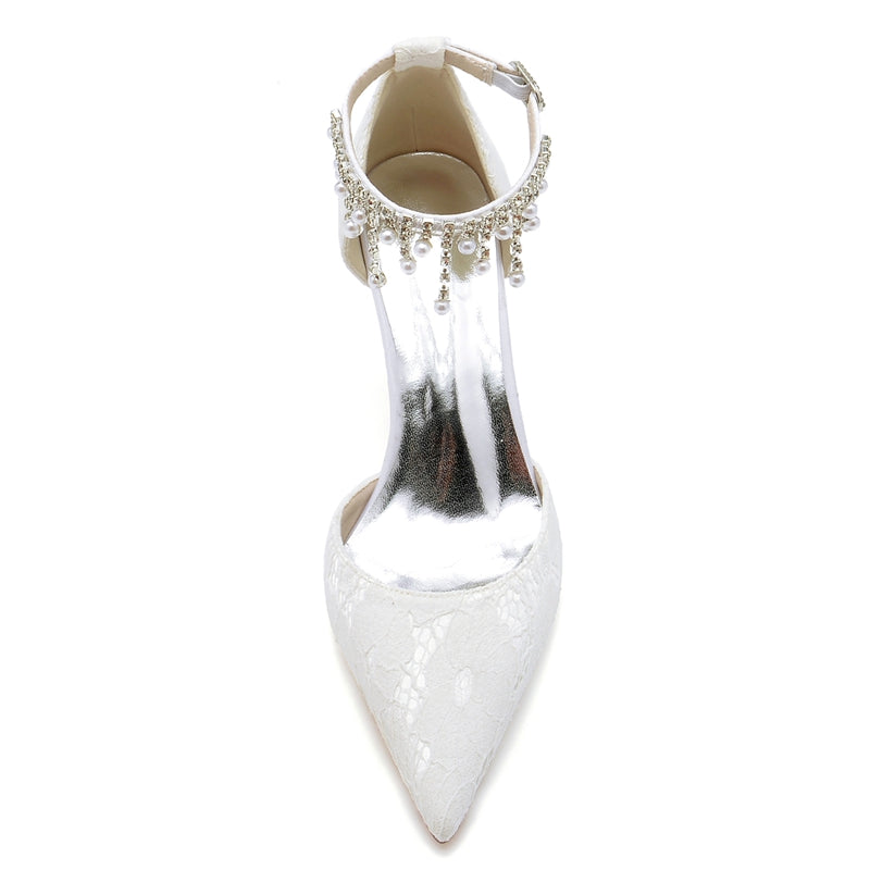 Women's Wedding Shoes Closed Toe Stiletto Heel Lace Buckle Bridal Shoes with Pearl Tassels - Image 3
