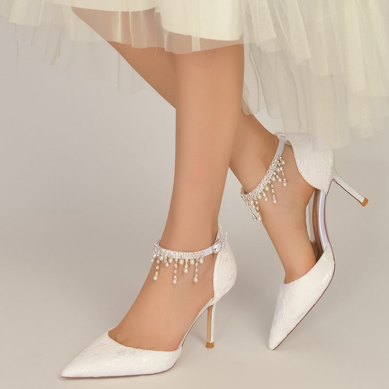 Women's Wedding Shoes Closed Toe Stiletto Heel Lace Buckle Bridal Shoes with Pearl Tassels - Image 6