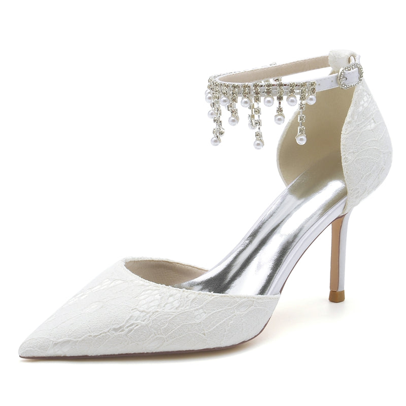 Women's Wedding Shoes Closed Toe Stiletto Heel Lace Buckle Bridal Shoes with Pearl Tassels