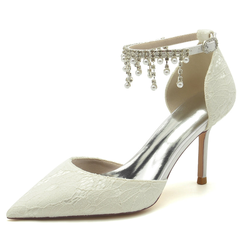 Women's Wedding Shoes Closed Toe Stiletto Heel Lace Buckle Bridal Shoes with Pearl Tassels - Image 7