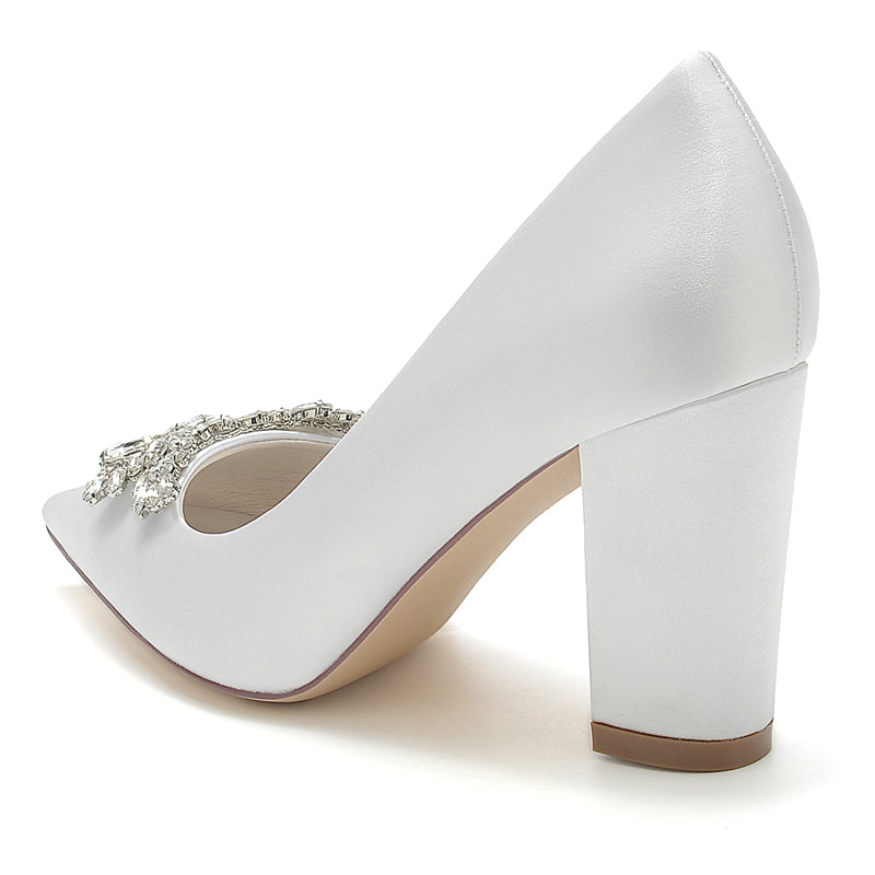 Women's Wedding Shoes Pointed Toe Chunky Heel Elegant Bridal Shoes with Rhinestone - 이미지 4