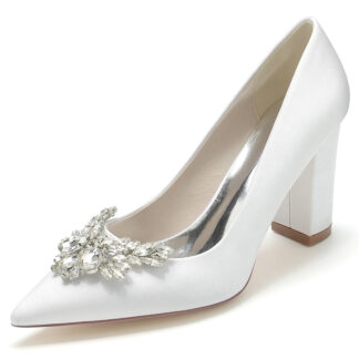 Women's Wedding Shoes Pointed Toe Chunky Heel Elegant Bridal Shoes with Rhinestone