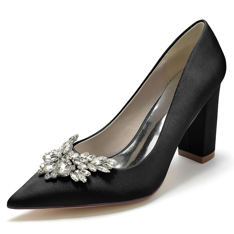 Women's Wedding Shoes Pointed Toe Chunky Heel Elegant Bridal Shoes with Rhinestone - 이미지 12
