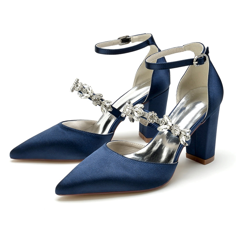 Women's Wedding Shoes Pointed Toe Chunky Heel Silk Satin Buckle Bridal Shoes with Rhinestone - 이미지 12