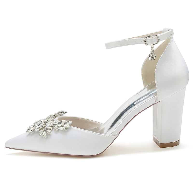 Women's Wedding Shoes Closed Toe Chunky Heel Buckle Bridal Shoes with Rhinestone - Image 2