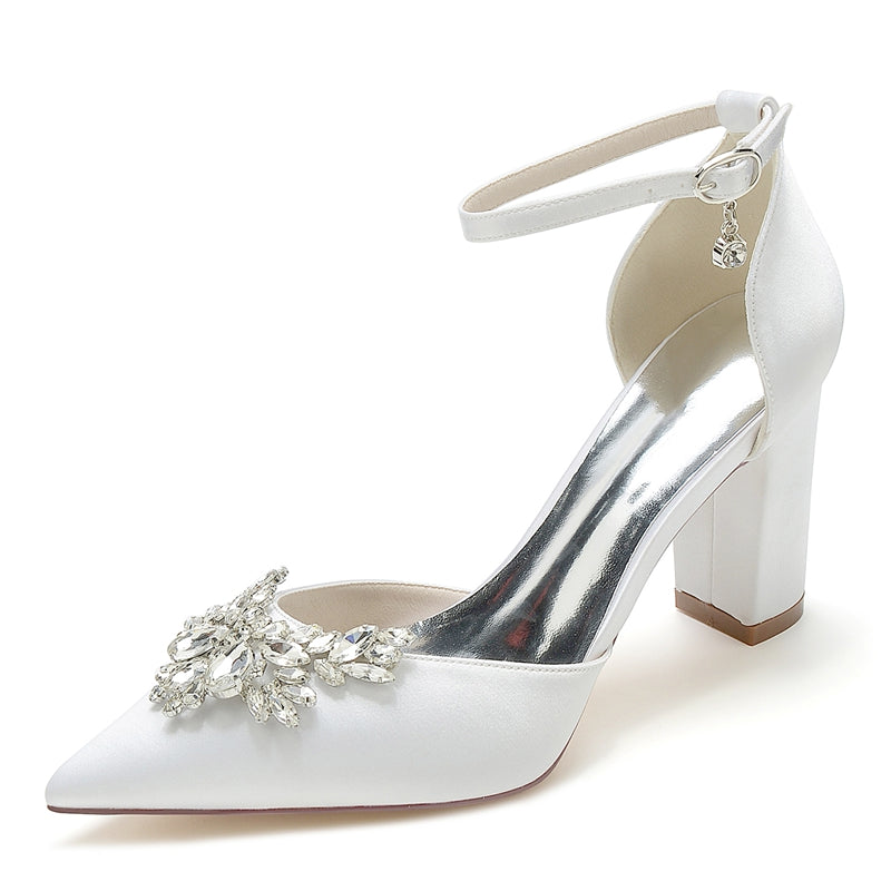 Women's Wedding Shoes Closed Toe Chunky Heel Buckle Bridal Shoes with Rhinestone