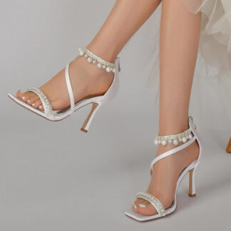 Women's Wedding Shoes Peep Toe High Heel Crossed Strap Buckle Bridal Shoes with Pearl