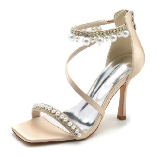 Women's Wedding Shoes Peep Toe High Heel Crossed Strap Buckle Bridal Shoes with Pearl