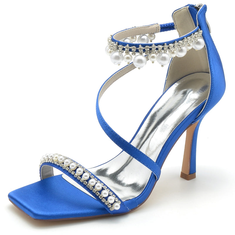 Women's Wedding Shoes Peep Toe High Heel Crossed Strap Buckle Bridal Shoes with Pearl - 画像 (8)