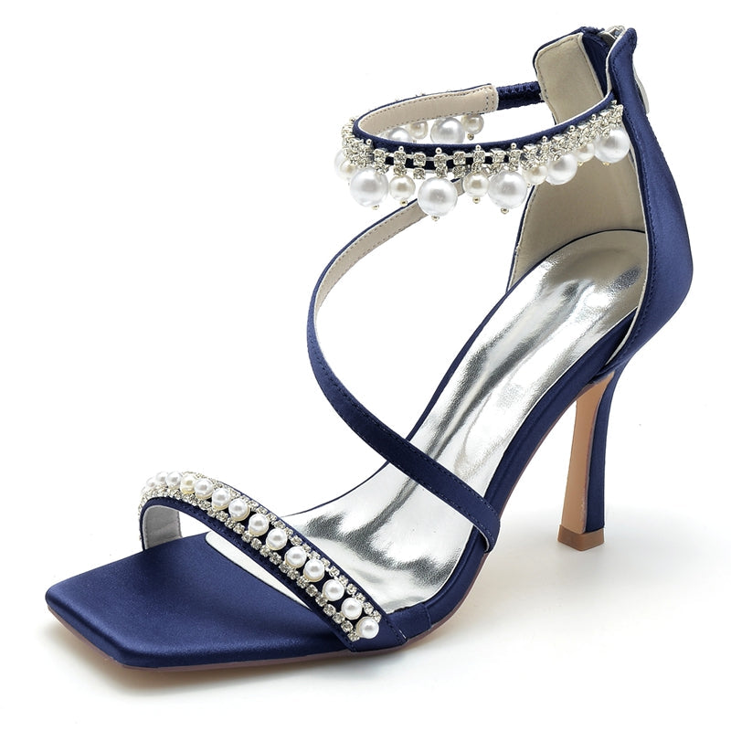 Women's Wedding Shoes Peep Toe High Heel Crossed Strap Buckle Bridal Shoes with Pearl - 画像 (9)