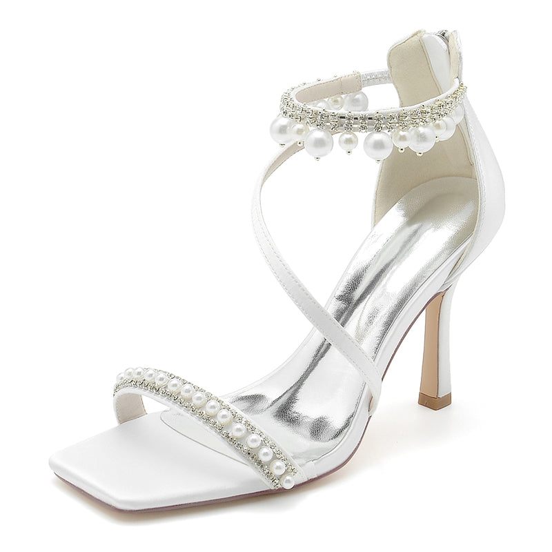 Women's Wedding Shoes Peep Toe High Heel Crossed Strap Buckle Bridal Shoes with Pearl - 画像 (3)
