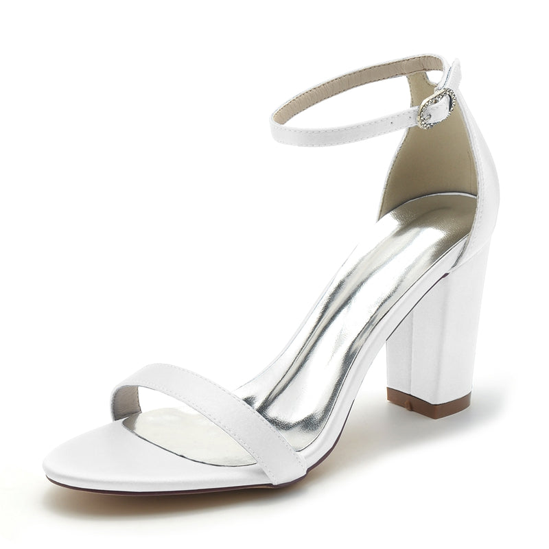 Women's Wedding Shoes Open Toe High Block Heel Simple Buckle Bridal Shoes - Image 7