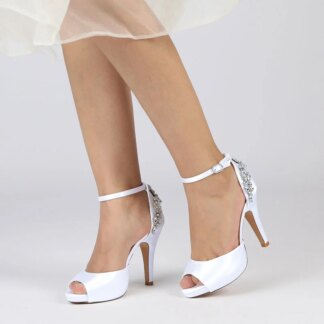 Women's Wedding Shoes Peep Toe Stiletto Heel Exquisite Buckle Bridal Shoes with Rhinestone