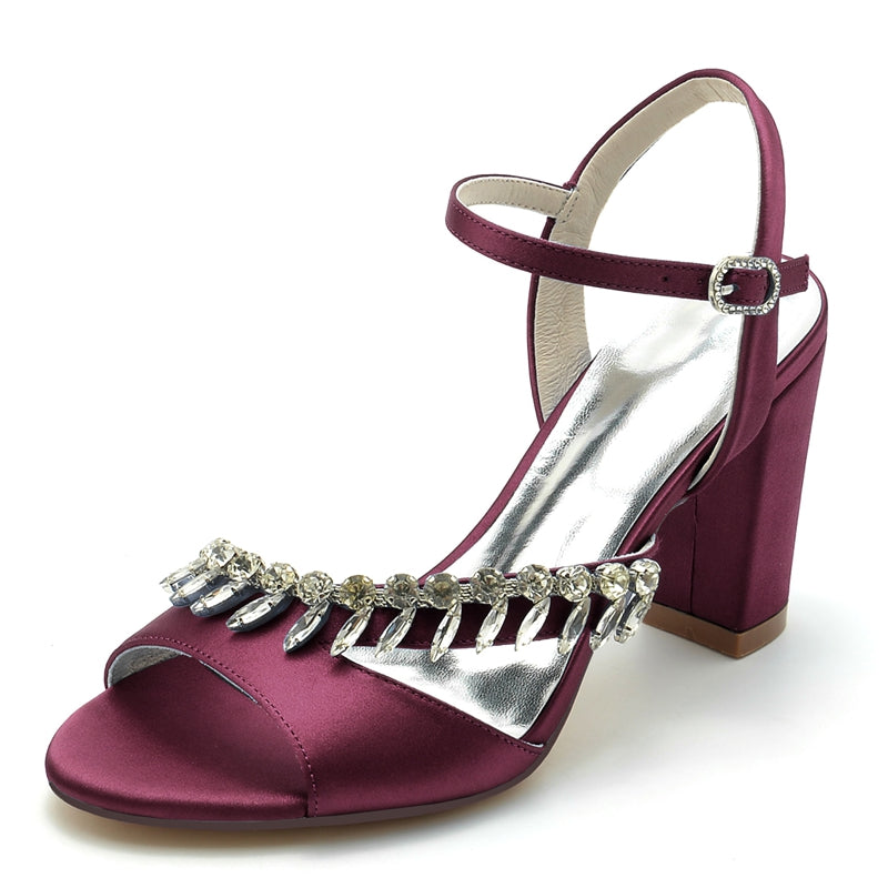 Women's Wedding Shoes Opened Toe Chunky Heel Buckle Bridal Shoes with Rhinestone Straps - Image 9