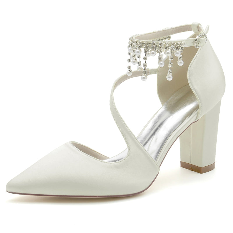Women's Wedding Shoes Pointed Toe Crossed Strap Buckle Bridal Shoes with Pearl Tassels - 이미지 8