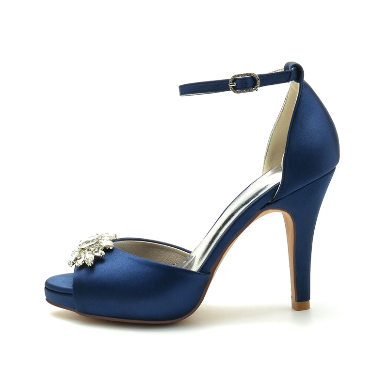 Women's Wedding Shoes Thick Sole Peep Toe Stiletto Heel Buckle Bridal Shoes with Rhinestone - 画像 (3)