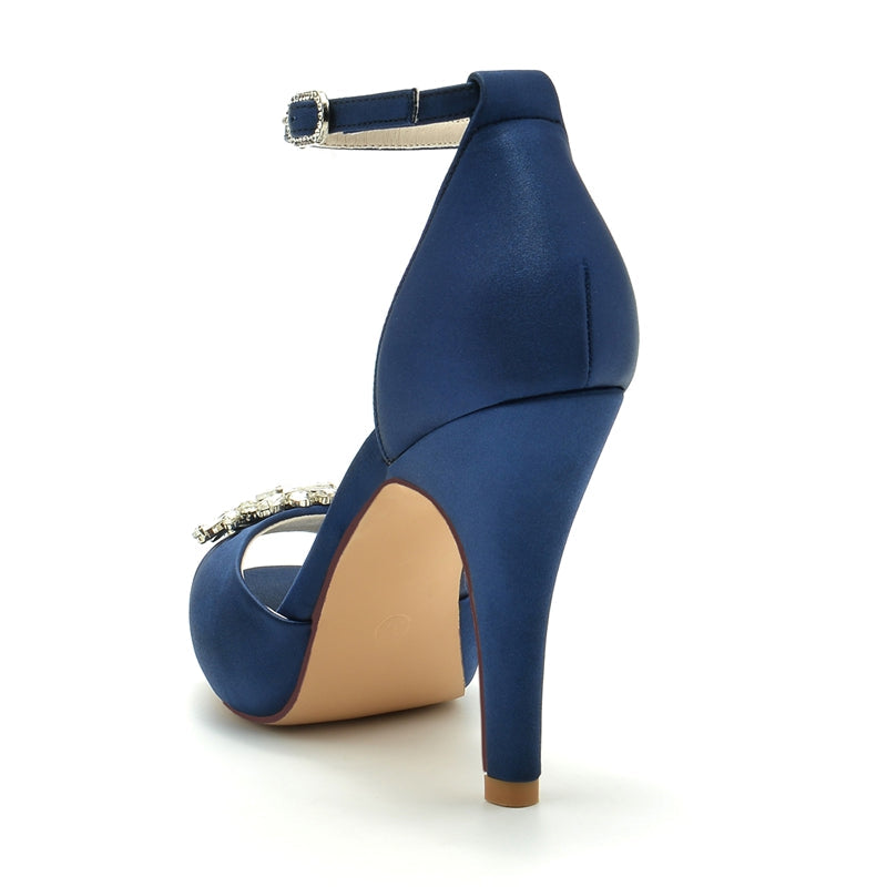 Women's Wedding Shoes Thick Sole Peep Toe Stiletto Heel Buckle Bridal Shoes with Rhinestone - 画像 (4)