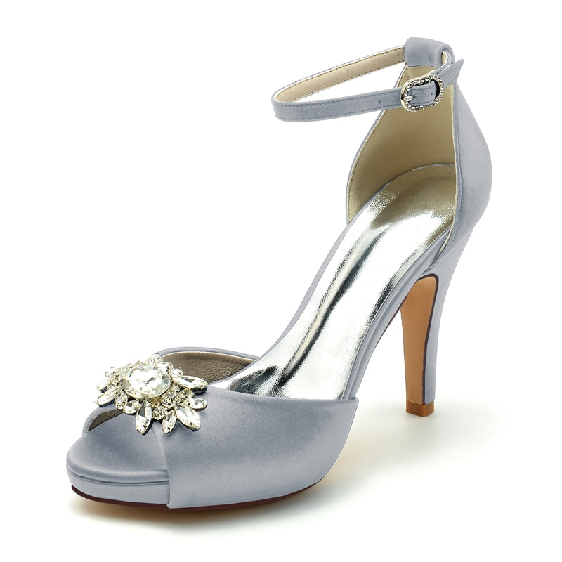 Women's Wedding Shoes Thick Sole Peep Toe Stiletto Heel Buckle Bridal Shoes with Rhinestone - 画像 (6)