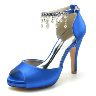 Women's Wedding Shoes Black Peep Toe Thick Sole Buckle Bridal Shoes with Pearl Tassel