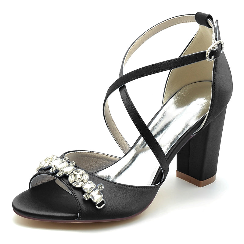 Women's Wedding Shoes Block Heel Crossed Strap Buckle Bridal Shoes with Rhinestone - Image 12