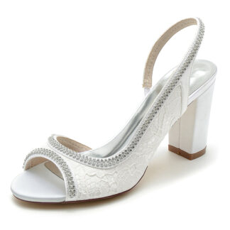 Women's Wedding Shoes Peep Toe High Heel Exquisite Lace Bridal Shoes with Rhinestone