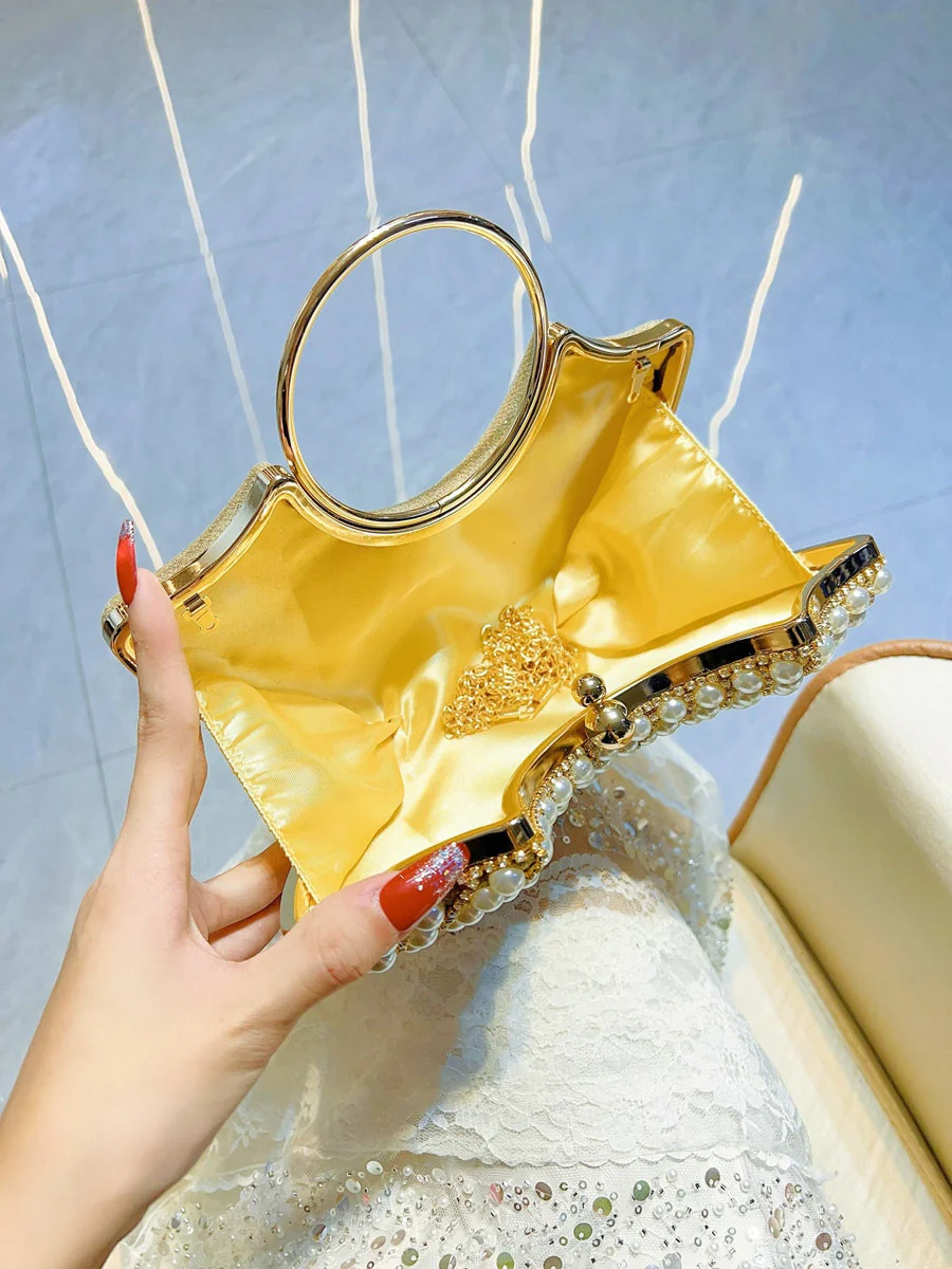 Gold Sector Elegant Luxury Pearl Evening Clutch Bag with Rhinestone - 이미지 3