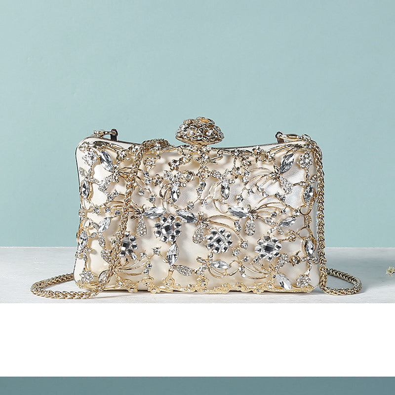 White Luxurious Delicate Square Evening Wedding Party Clutch Bag with Flower & Rhinestone - 画像 (5)