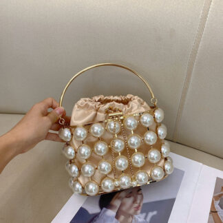 Champagne Elegant Velvet Wedding Party Evening Chain Clutch Bag with White Pearls
