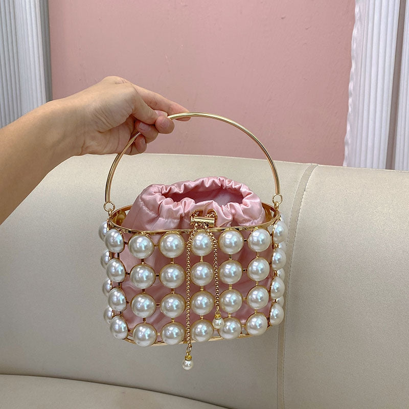 Champagne Elegant Velvet Wedding Party Evening Chain Clutch Bag with White Pearls - 이미지 12