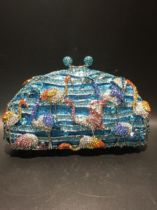 Women's Flamingo Metal Evening Party Clutch Bag with Fully Rhinestones