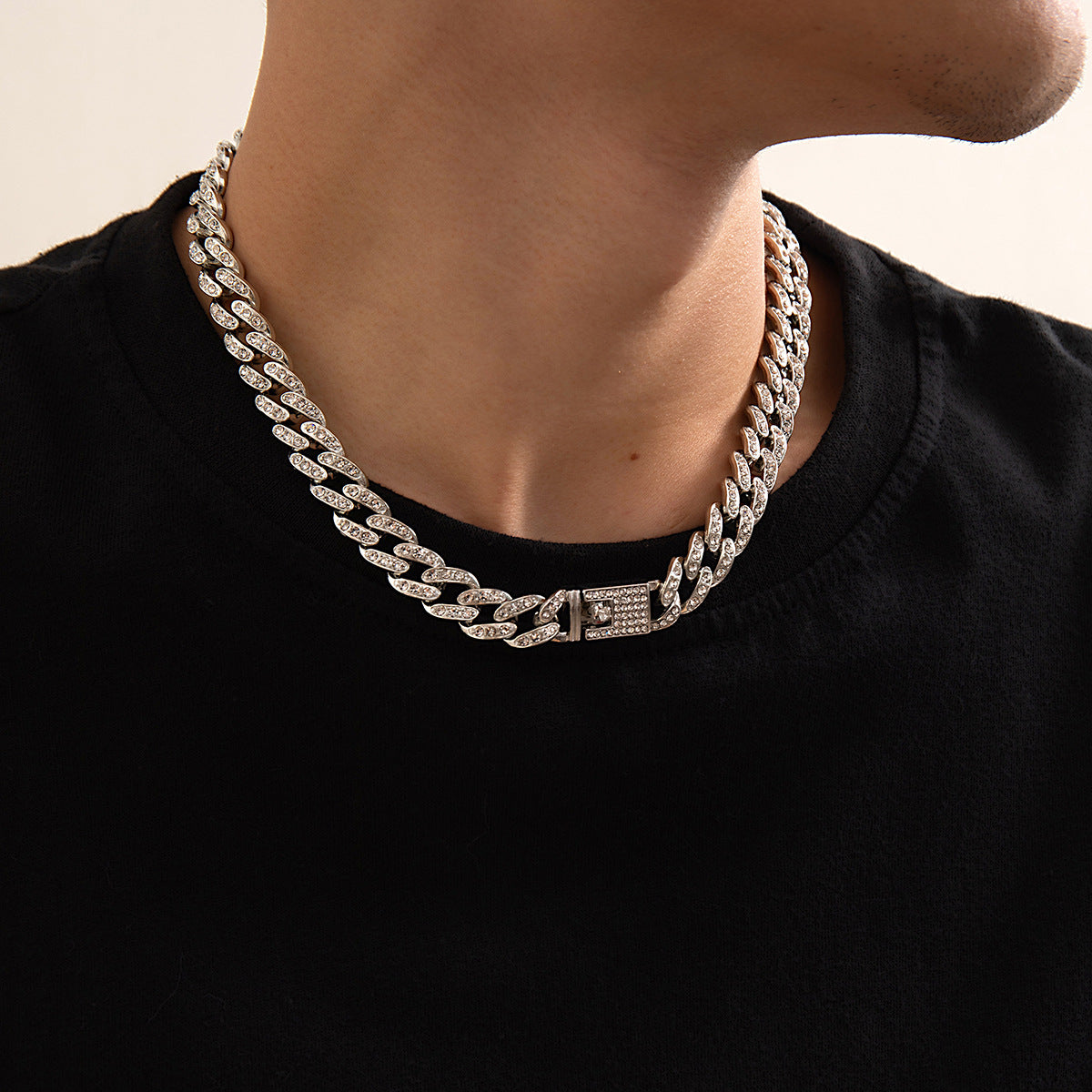 Men's Cool High End White Rhinestone Alloy Cuban Chain Necklace - 이미지 3