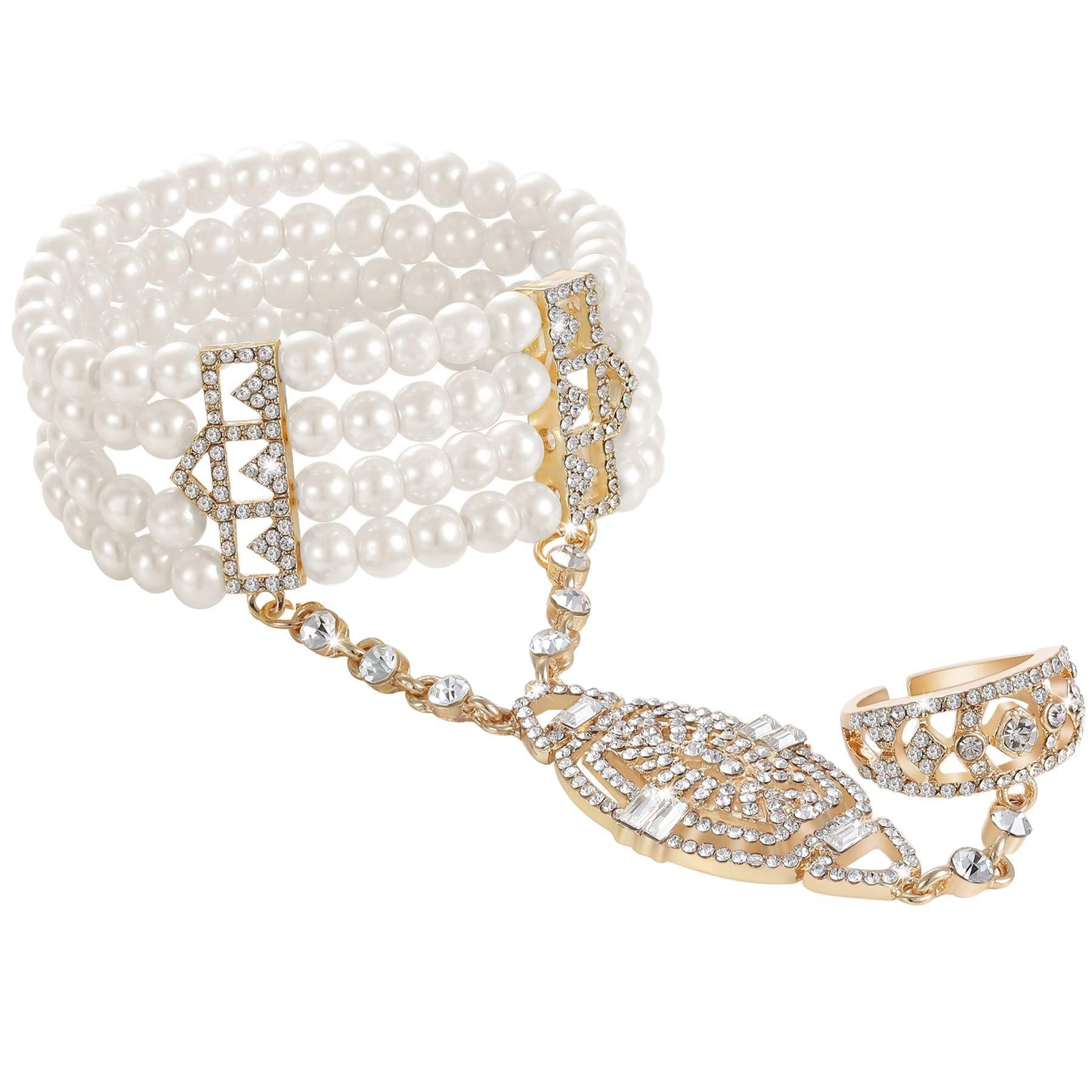 Jewelry Simple Rhinestone Luxury Pearl Ring Bracelet Set - 画像 (2)