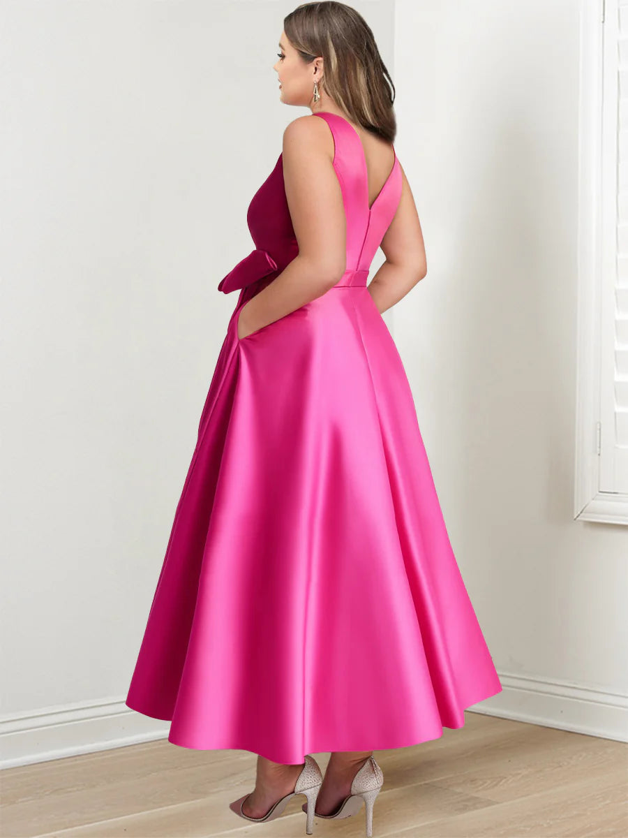 A-Line/Princess V-Neck Sleeveless Ankle-Length Plus Size Mother of the Bride Dresses with Pockets & Ruffles - 이미지 2