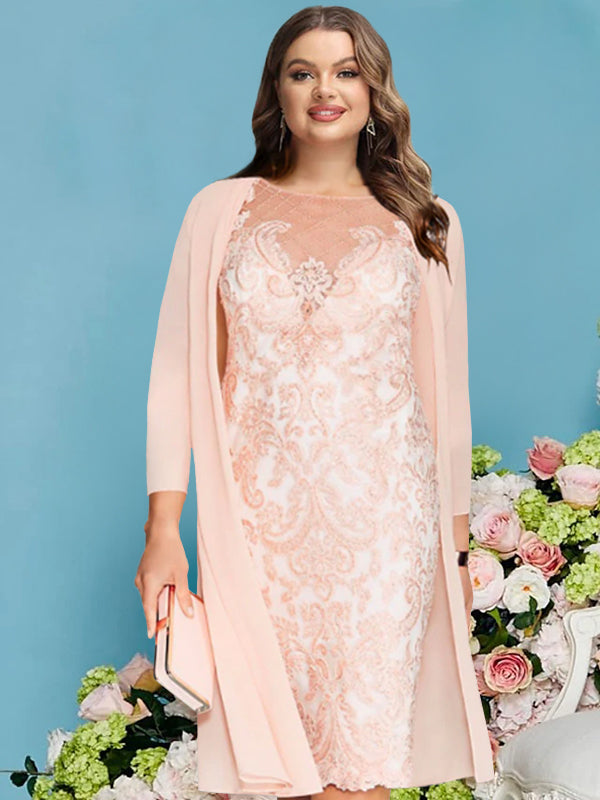 Sheath/Column Scoop Long Sleeves Knee-Length Plus Size Mother of the Bride Dresses with Lace Beading Appliques