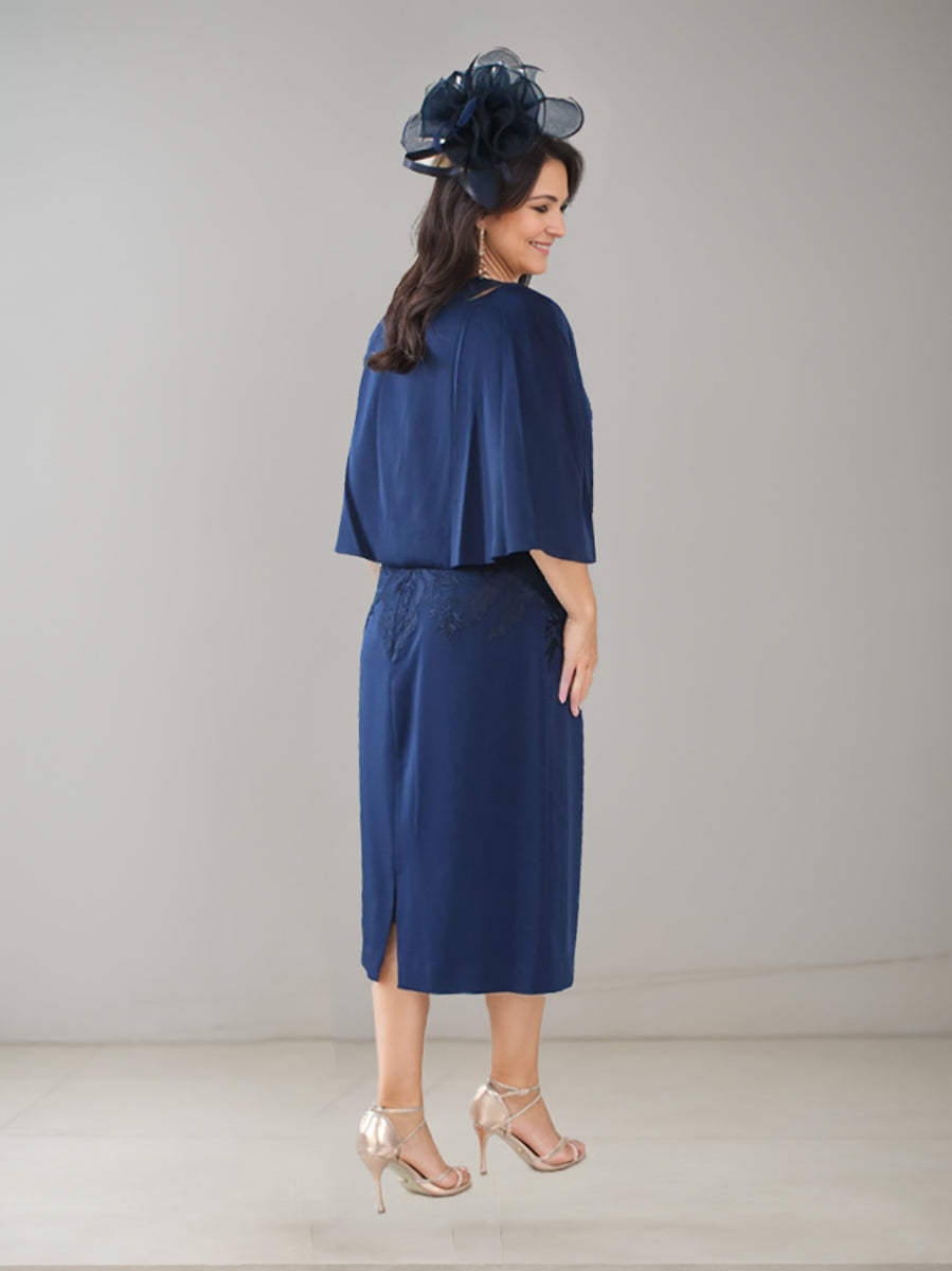 Sheath/Column V-Neck Tea-Length Plus Size Mother of the Bride Dresses with Rhinestone & Appliques - Image 3