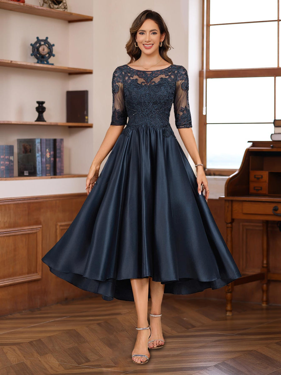 A-Line/Princess Scoop Neck Half Sleeves Asymmetrical Mother of the Bride & Groom Dresses with Lace Appliques