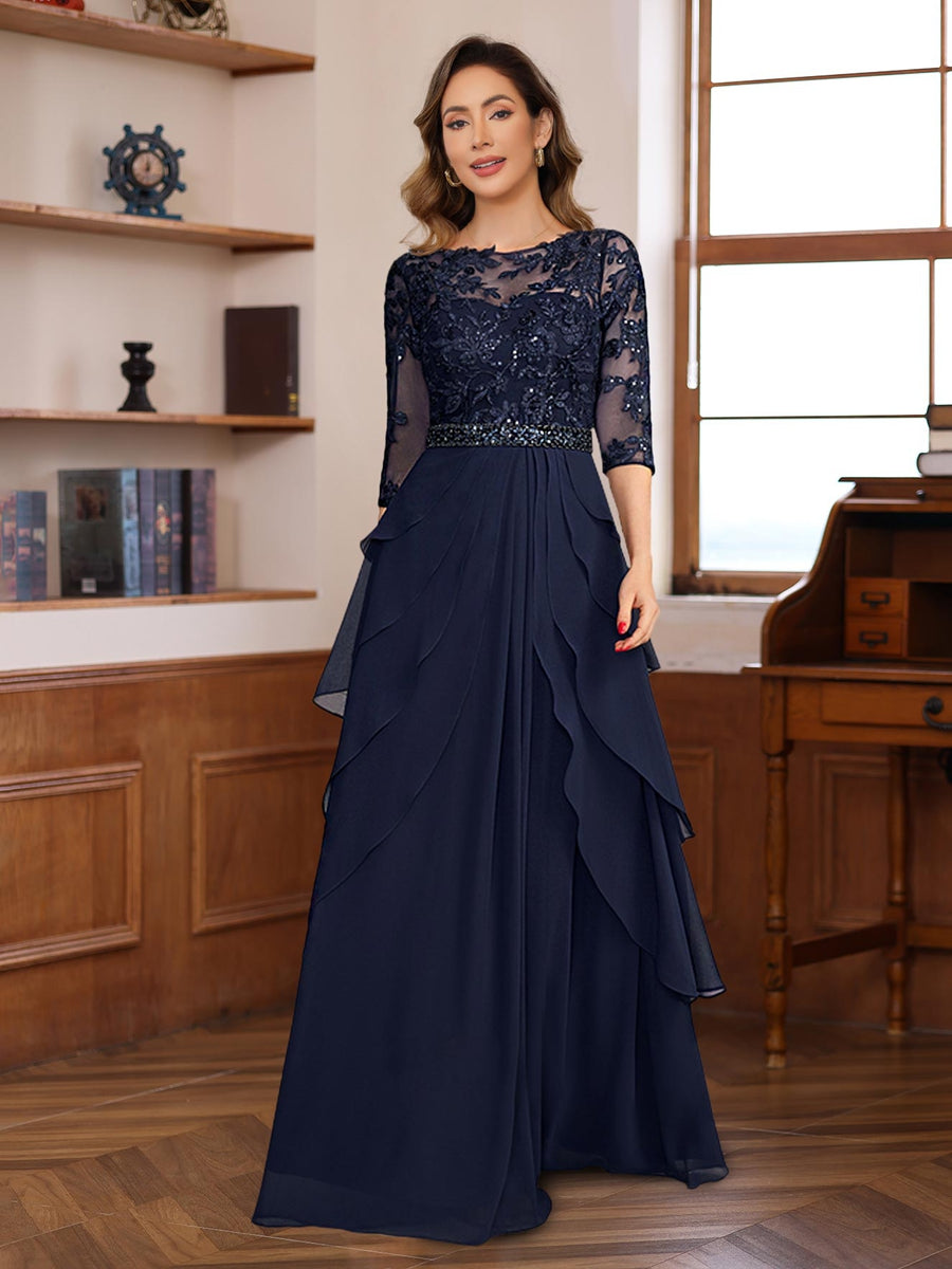 A-Line/Princess 3/4 Sleeves Floor-Length Elegant Mother of the Bride & Groom Dresses with Lace Appliques & Ruffles