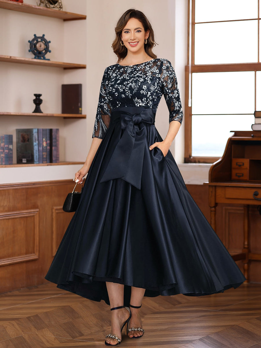 A-Line 3/4 Sleeves Asymmetrical Lace Mother of the Bride & Groom Dresses with Appliques & Bow Belt - Image 3
