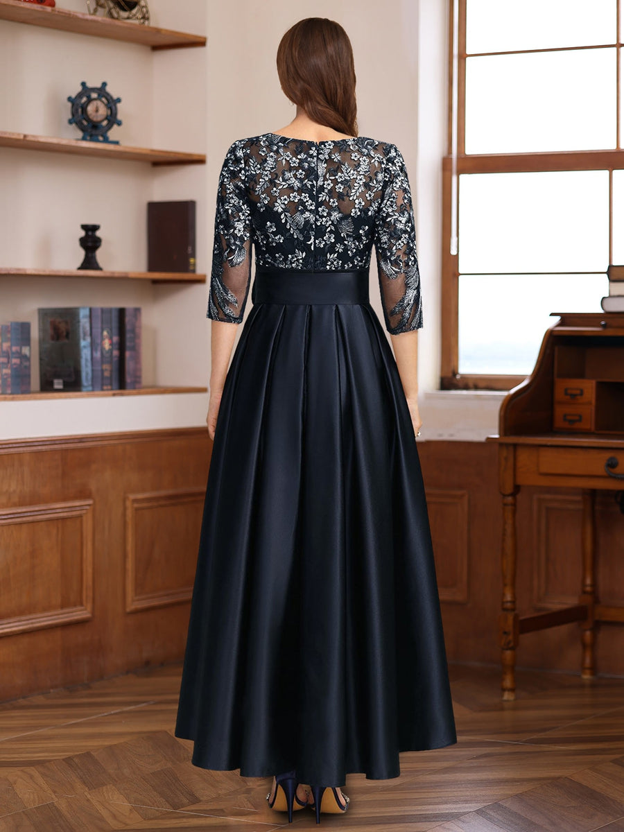 A-Line 3/4 Sleeves Asymmetrical Lace Mother of the Bride & Groom Dresses with Appliques & Bow Belt - Image 2