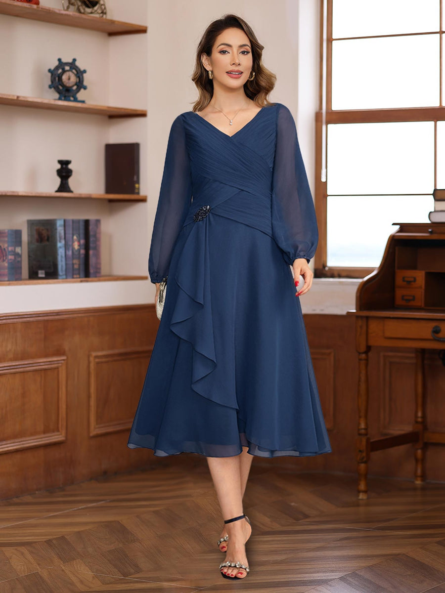 A-Line V-Neck Long Sleeves Tea Length Mother of the Bride & Groom Dresses with Pleats & Appliques