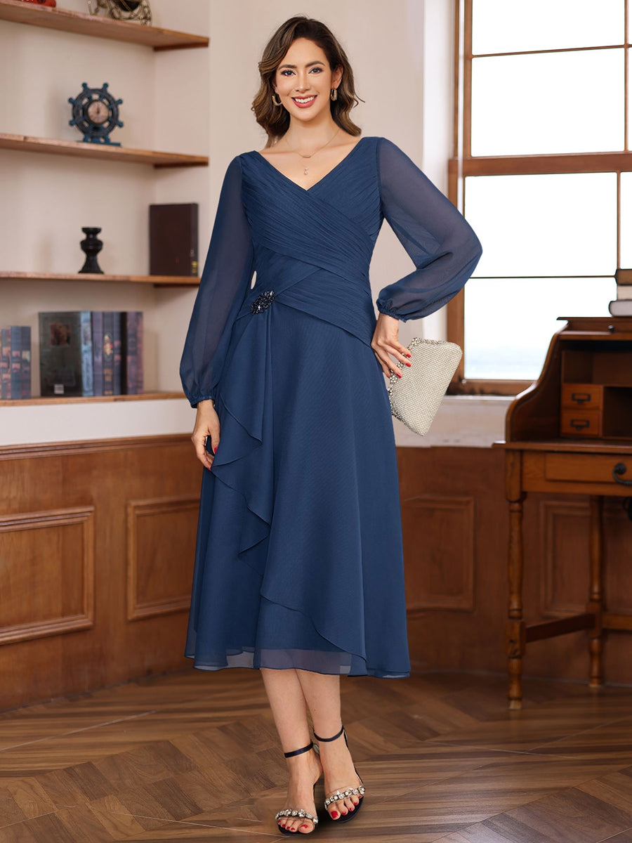 A-Line V-Neck Long Sleeves Tea Length Mother of the Bride & Groom Dresses with Pleats & Appliques - Image 3