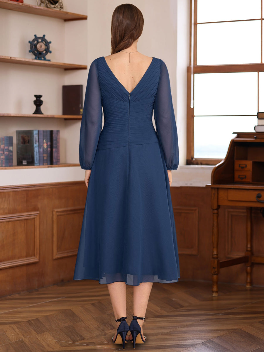 A-Line V-Neck Long Sleeves Tea Length Mother of the Bride & Groom Dresses with Pleats & Appliques - Image 2