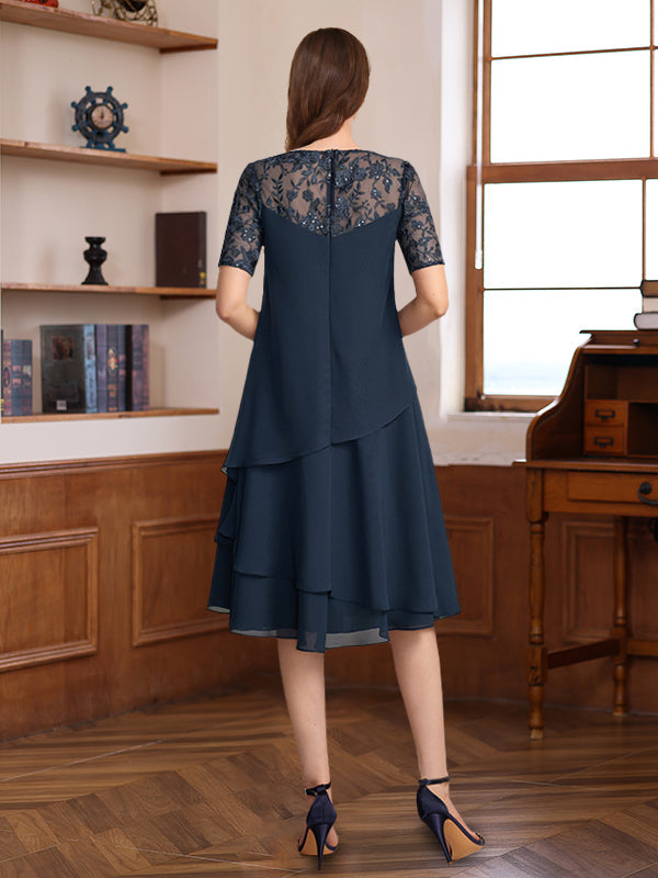 A-Line/Princess Jewel Neck Short Sleeves Knee-Length Mother of the Bride & Groom Dresses with Ruffles & Lace Appliques & Sequins - 画像 (2)