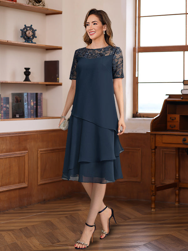 A-Line/Princess Jewel Neck Short Sleeves Knee-Length Mother of the Bride & Groom Dresses with Ruffles & Lace Appliques & Sequins - 画像 (3)