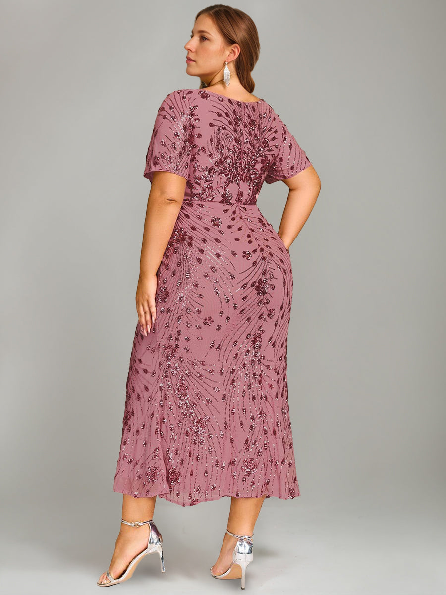 Trumpet/Mermaid Plus Scoop Half Sleeves Tea-length Mother of the Bride Dresses with Sequins & Embroidery - 이미지 2